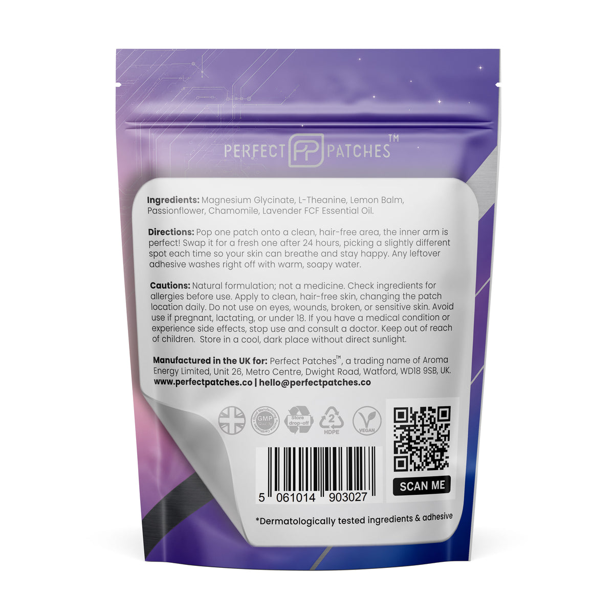 Perfect Patches Bedtime pouch, back of pack, showing ingredients, directions and cautions