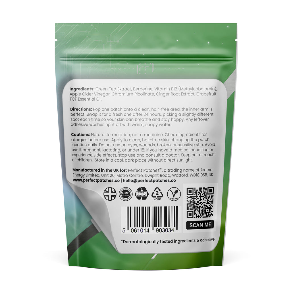 Perfect Patches Feel Good pouch, back of pack, showing ingredients, directions and cautions