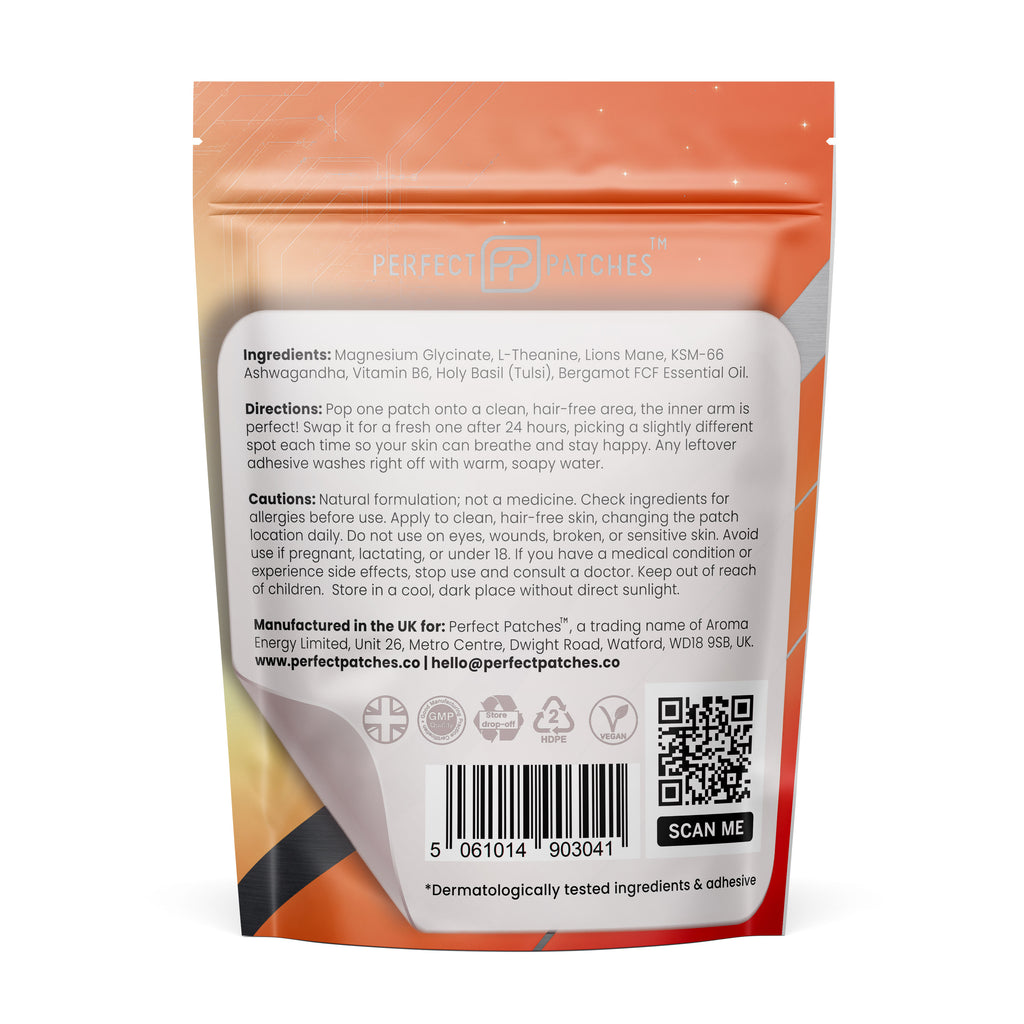 Perfect Patches Mood pouch, back of pack, showing ingredients, directions and cautions