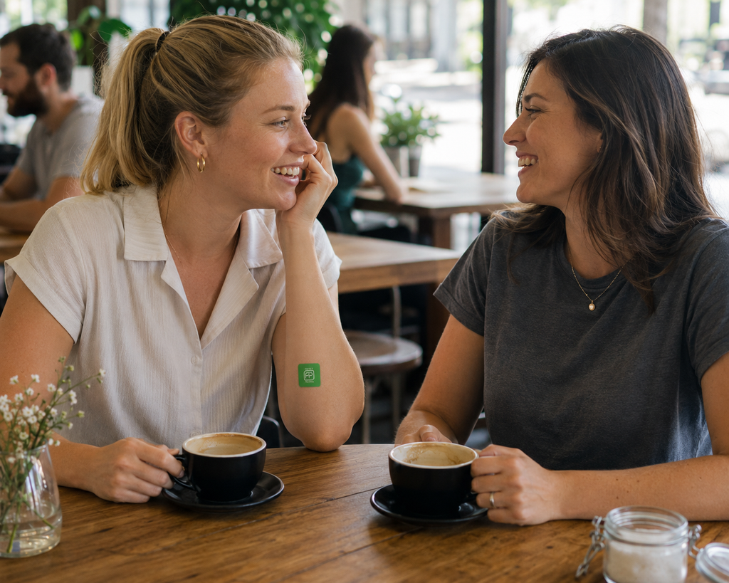 Two friends drinking coffee in a cafe, one wearing a green Feel Good patch on her forearm