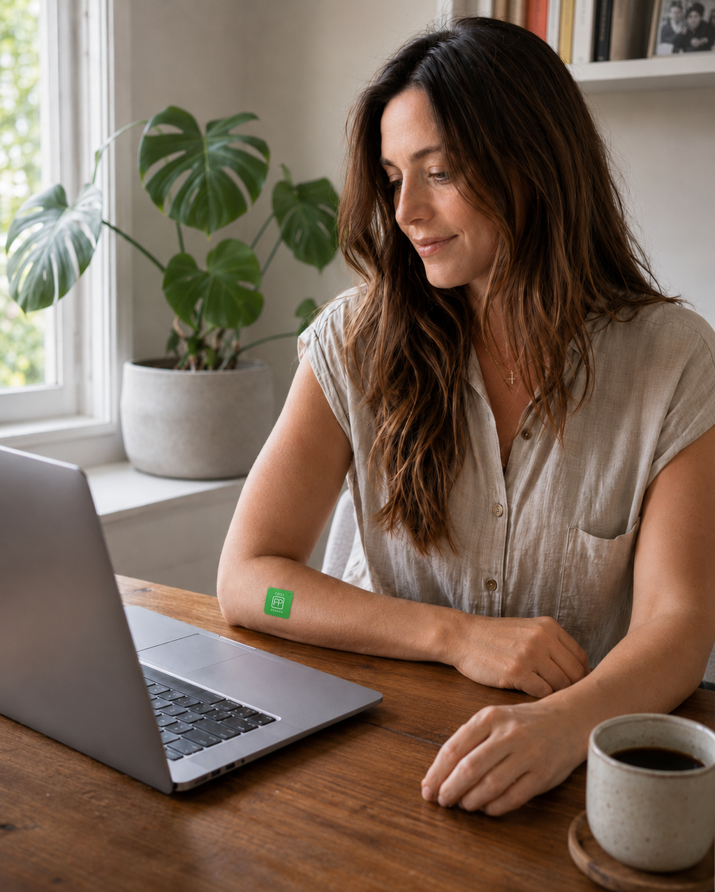 Woman working on a laptop at home with a coffee, wearing a green Feel Good patch on her forearm