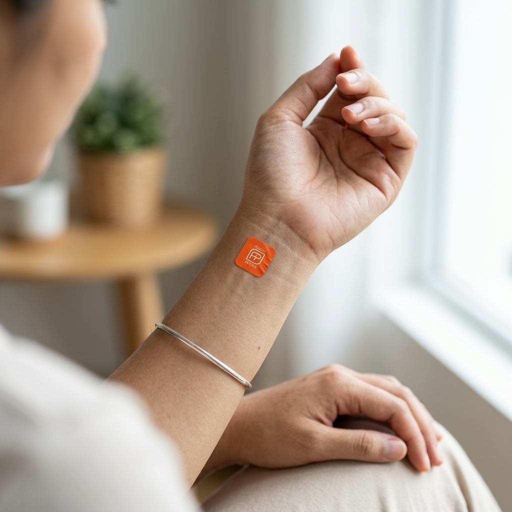 Close-up of an orange Mood patch worn on the inner wrist beside a bracelet