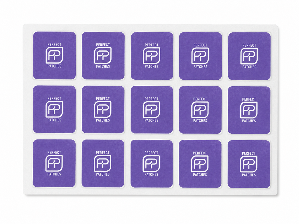 Sheet of purple Perfect Patches Bedtime patches shown in a three by five grid