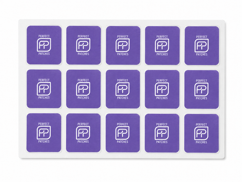 Sheet of purple Perfect Patches Bedtime patches shown in a three by five grid