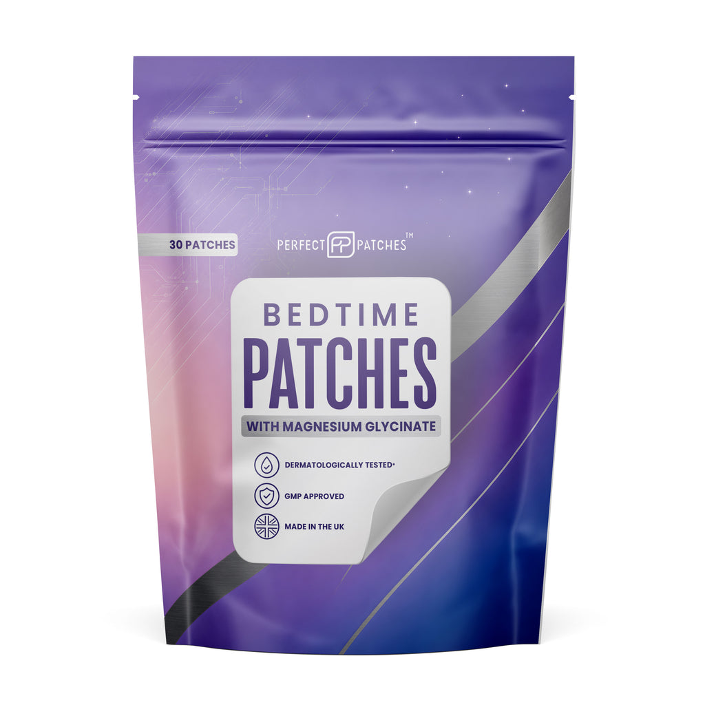 Perfect Patches Bedtime pouch, front of pack, 30 patches with magnesium glycinate and lavender