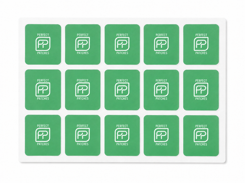 Sheet of green Perfect Patches Feel Good patches shown in a three by five grid