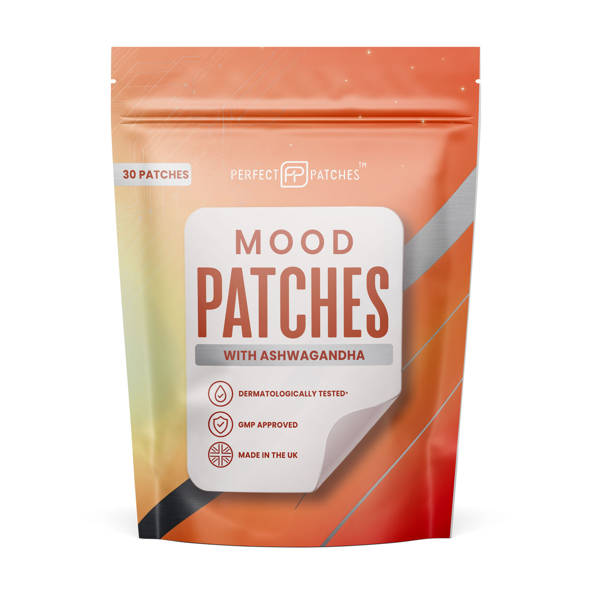 Perfect Patches Mood pouch, front of pack, 30 patches with KSM-66 ashwagandha and bergamot