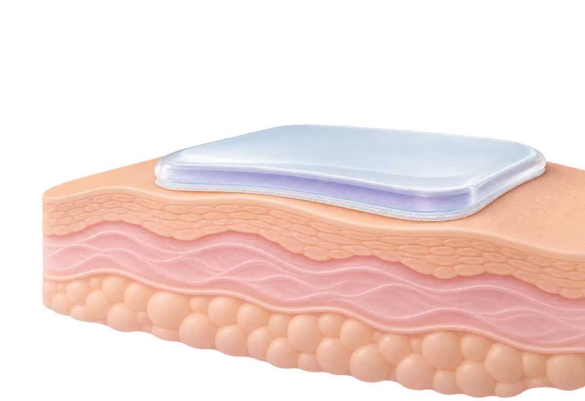 A rounded-square patch resting evenly on layered peach and blush skin material